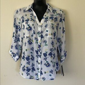 BCX Floral Button-Up Blouse - Blue and White